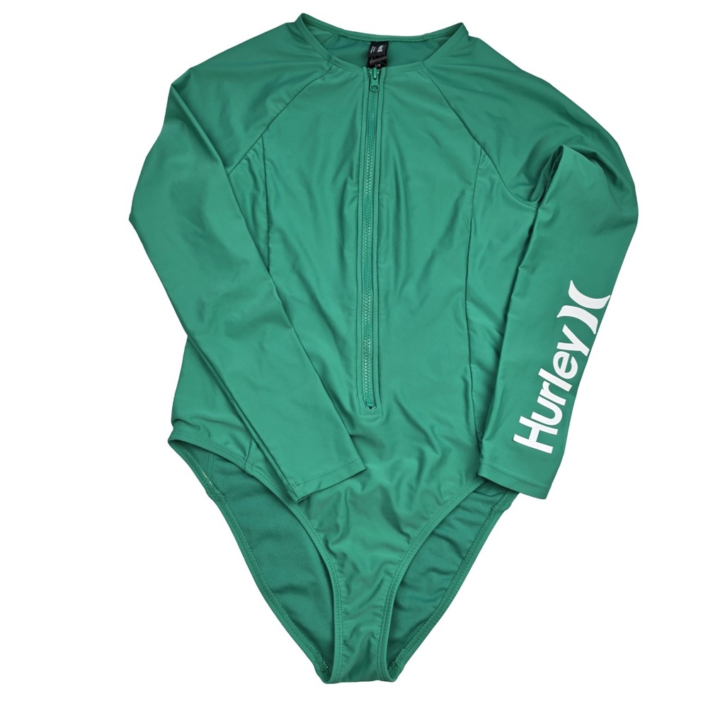 Hurley Long Sleeve Rash Guard One Piece Swimsuit Women Large Green Zip NWOT